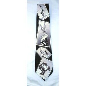 VTG Looney Tunes Mens Tie Silk Necktie Black White Gray Bugs Bunny Taz Daffy 95